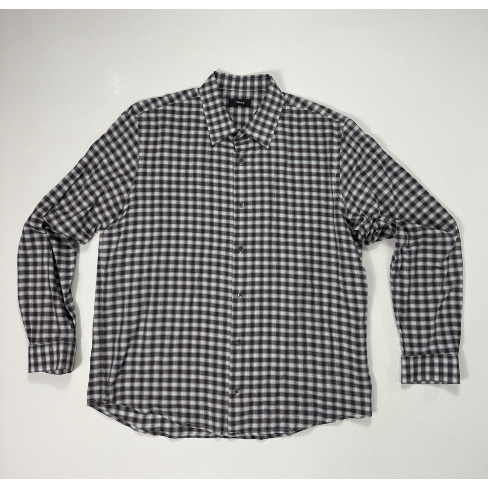 Theory Mens Large Purple Grey Plaid Button Up Shirt Tonal Flanella Check Luxury